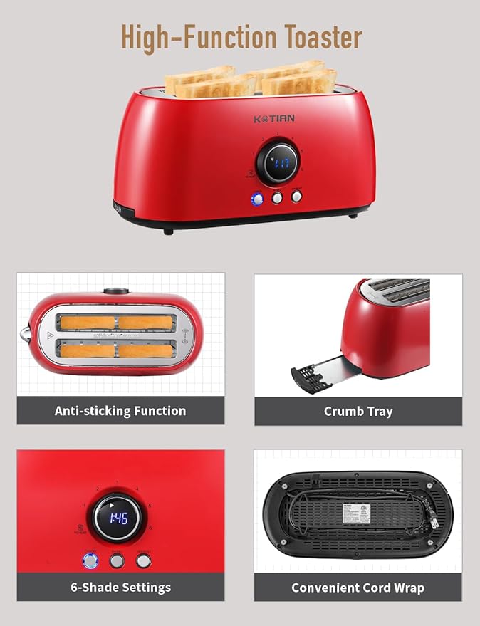 Toaster 4 SliceKOTIAN Retro Long Slot Toasters with Countdown TimerStainless Steel ToasterBagelDefrostReheatCancel FunctionsExtra Wide Slots6 Toast SettingsRemovable Crumbs TrayRed