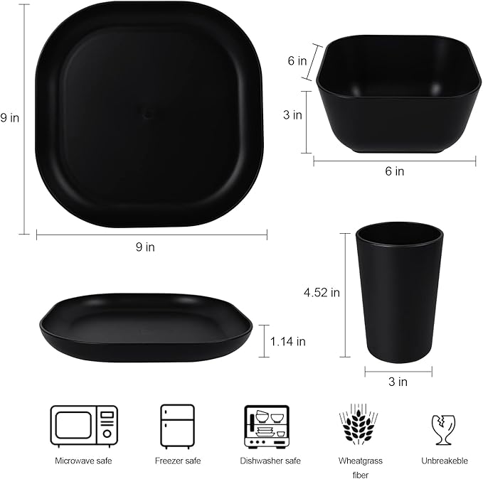 24 Piece Wheat Straw Square Dinnerware Sets for 4 Unbreakable Dinner Plates and Bowls Sets for Camping Party Grill (Black)
