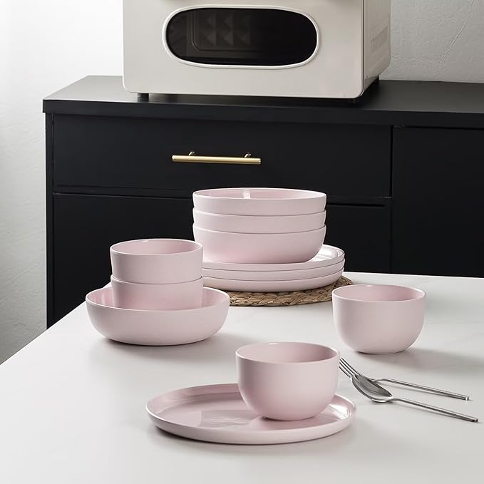 MissYIP 12 Pcs Wheat Straw Dinnerware Sets Unbreakable Reusable Kitchen Dinnerware Set Outdoor Camping Dishes BAP free Dishwasher SafeNot oven-safe or microwavable(Shell Pink)