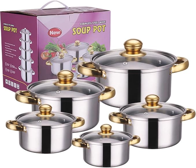 Nonstick Kitchen Cookware Sets Stainless Steel Cookware Pot Stainless Steel Cooking Pot Set with Glass Lids for Gas Electric Halogen Ceramic Induction Hobs