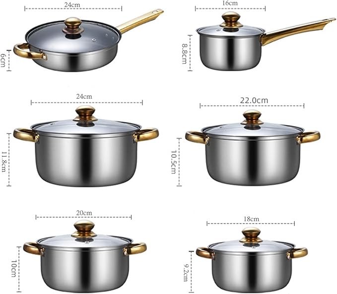 6Pcs Pots and Pans Set Stainless Steel Portable Soup Pot Saucepan Ergonomic Handle Kitchen Cooking Set Cookware Set for Home Pans with soup pot
