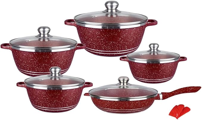 Pots and Pans Sets Nonstick Cookware Sets Granite Cooking Pots and Pans with Glass LidsMarble Coated Aluminium Home Kitchenware with SaucepansFrying PanStock Pot10 Piece (Maro
