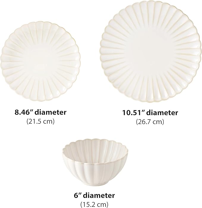 Stoneware Dinnerware Set 12-Piece Wavy Retro Design with Farmhouse Charm Microwave &amp Dishwasher Safe Ideal for Daily Meals &amp Friend Gatherings Includes Dinner &amp Salad Plates Bowls