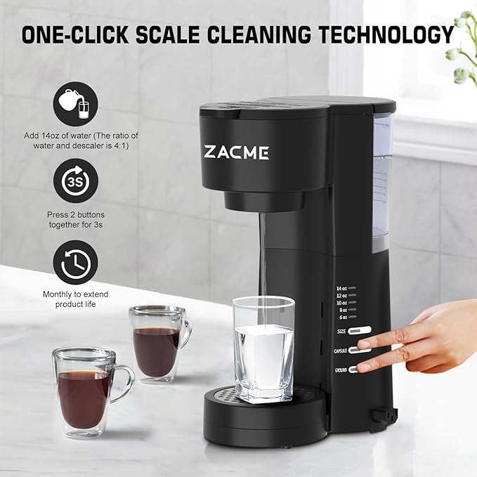 ZACME 4IN1 Single Serve Coffee Maker with Milk Frother &amp Grinder Small Coffee Machine for K Cup &amp Ground 28oz Water Tank 6 to 14 oz Brew Sizes Self-cleaning Function Adjustable Drip Tray