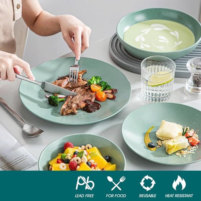16 Piece Embossed Stoneware Tableware Set with Dinner Dessert Soup Plate Bowl Service for 4person