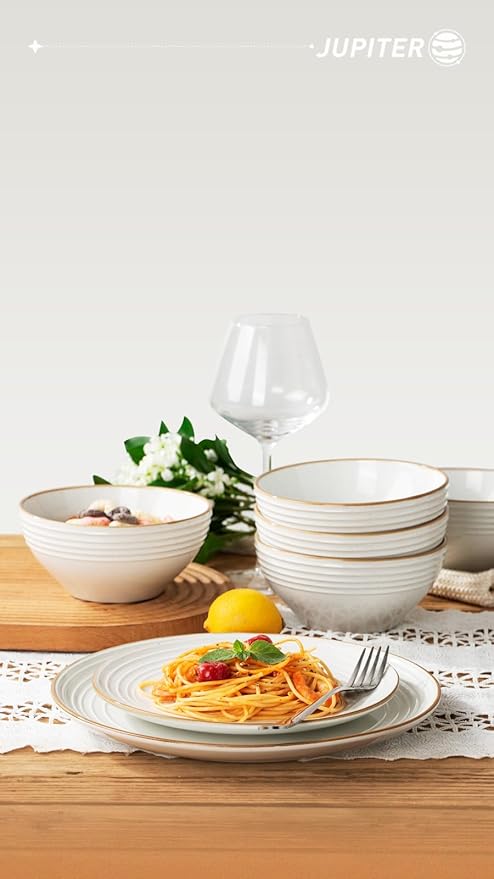 Famiware Nebula Series Plates and Bowls Sets for 4 Jupiter Series 12 Pieces Stoneware Dinnerware Sets 24-Piece Dishes Set White