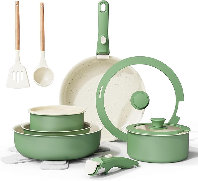 Ceramic Nonstick Cookware Set HealthyNon Toxic17-Pieces Pots and Pans Set Removable HandlesInduction RV Kitchen SetStain &amp Scratch-resistantDishwasher/Oven SafePFAS/PFOA FreeGreen