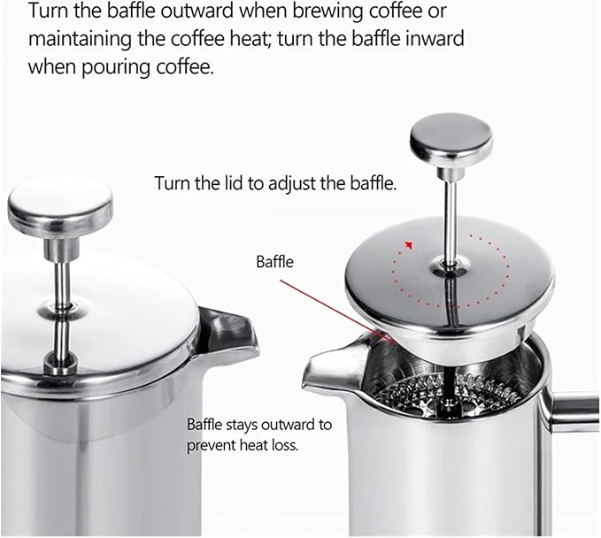 AT21-1 Piece Coffee Machine Double Wall French Press Insulated &ampTea Brewing Pot 1200Ml Maker 304Stainless Steel