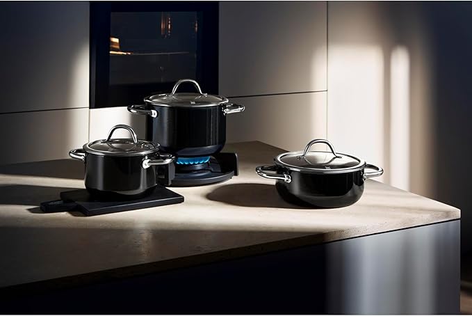WMF Fusiontec Inspire 3-Piece Saucepan Set Black High-Tech Ceramic Induction Includes 3 Pots and 1 Glass Lid