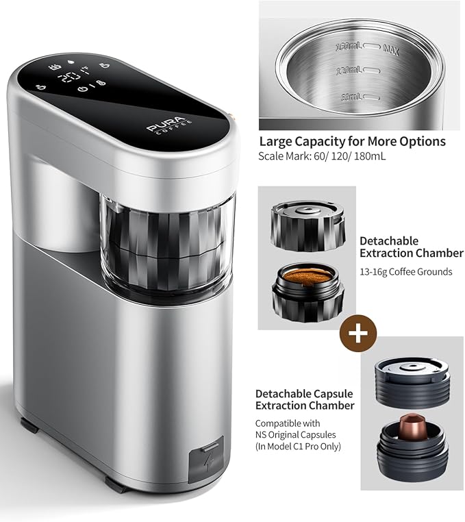 C1 Pro Compact Mini Espresso Machine with NS Capsule &amp Ground Coffee Rechargeable Portable Espresso Maker Electric Small Espresso Machine for Travel RV Car Camping Hiking Office Home with Rich C