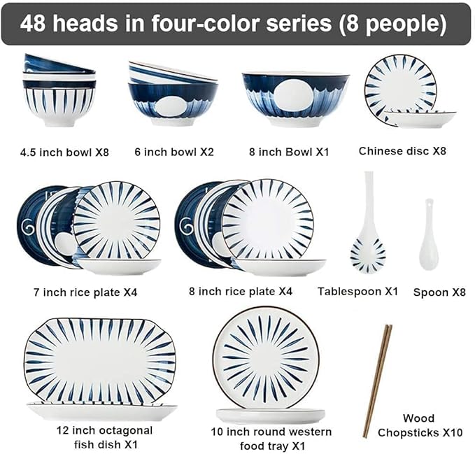 48-Piece Porcelain Dinnerware Sets Service for 8 Combi-Set Tableware Set of Bowls/Dessert Plates/Soup Plates Home Family Party