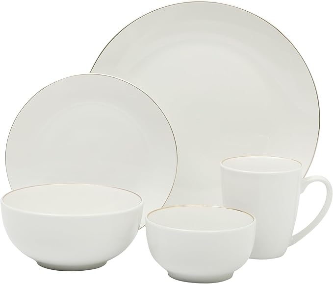 Gibson Home Ogalla 30 Piece Plates Bowls &amp Mugs Dinnerware Set - Service for 6 - White Porcelain W/Gold Band