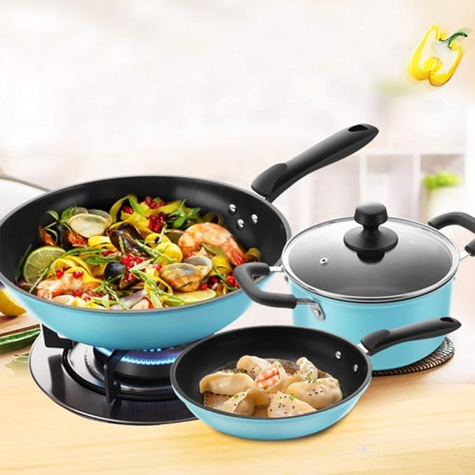 3-Piece Cookware Set with Wooden Handle with Lid Fine Iron Enamel Non-Stick Pan Suitable for Gas Induction Cooker Easy to Clean Large Pan