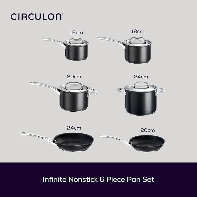 Circulon Infinite Induction Hob Pan Set - 6 Piece Non Stick Pots and Pans Sets with Stainless Steel Lids &amp Handles Premium Dishwasher Safe Cookware Black