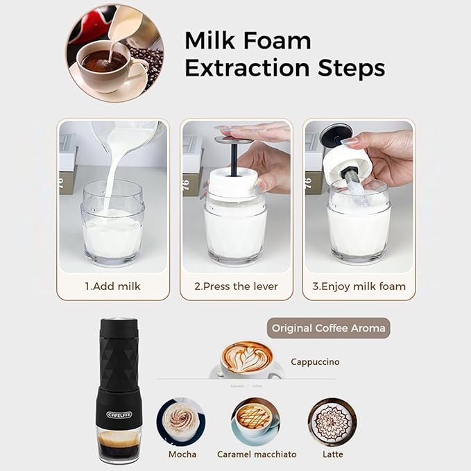 3-in-1 Portable Manual Espresso Coffee Machine 18Bar Cold and Hot Brew Mini Coffee Maker with Milk Foam Press Lever 120ml Cup Work with DG/NES Capsule and Ground Coffee