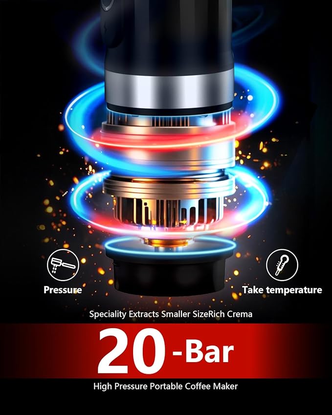 Portable Espresso Machine 3Minute Auto Heat12V Rechargeable Electri Coffee Maker 20 BaCompatible with NS DG Capsules and GroundCoffee for Camping Travelling RVing HikingandOffice (‌Charcoal black)