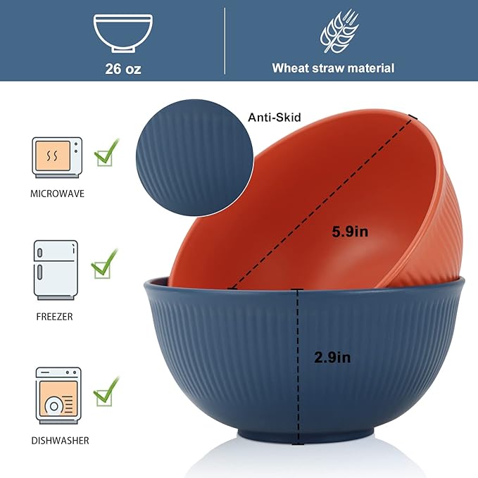 Wrova wheat straw plates and bowl sets with 16oz mugs - unbreakable dinnerware sets of 22 - Colorful Series2