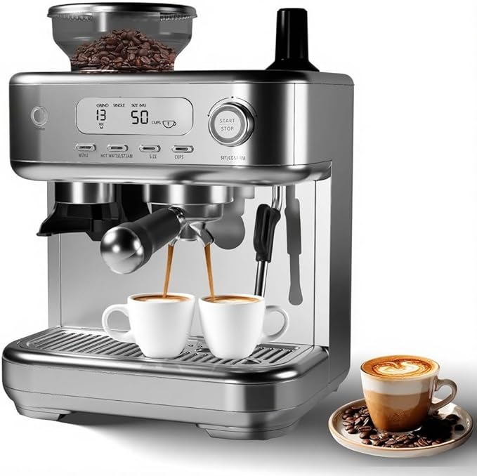 Automatic Espresso Coffee Machine with Grinder Steam Milk Frother LCD Display 78 OZ Removable Water Tank for Cappuccino and Latte