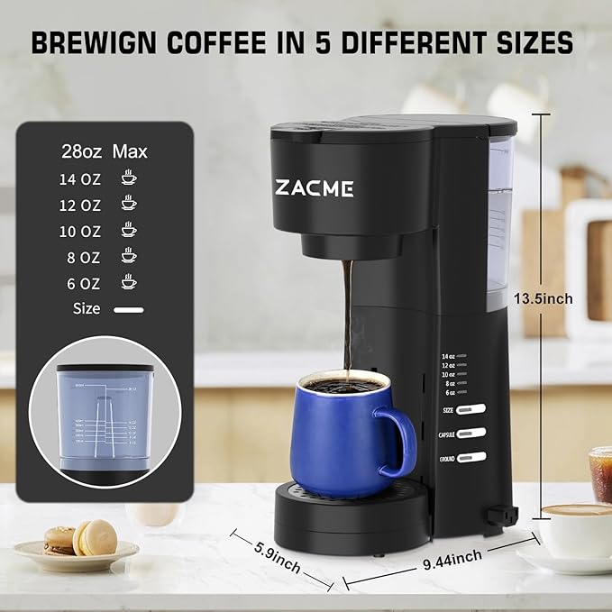 ZACME 4IN1 Single Serve Coffee Maker with Milk Frother &amp Grinder Small Coffee Machine for K Cup &amp Ground 28oz Water Tank 6 to 14 oz Brew Sizes Self-cleaning Function Adjustable Drip Tray