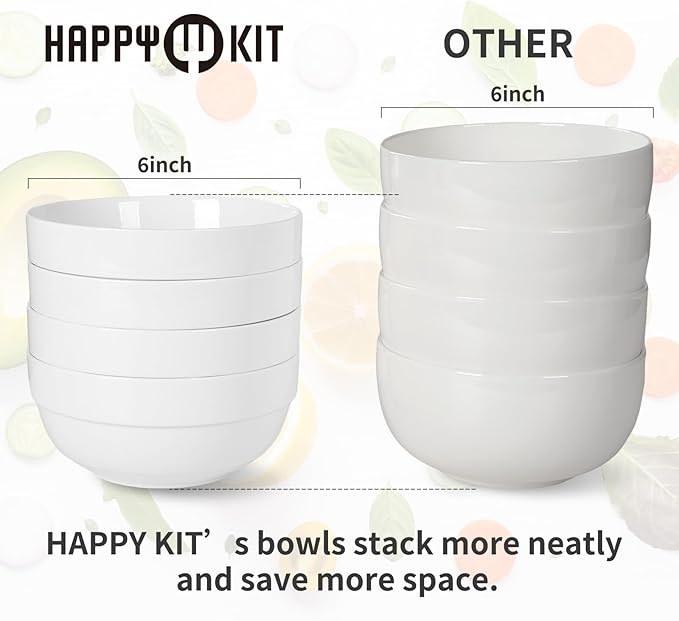 HAPPY KIT 12 Pieces Porcelain Dinnerware Set Serving Plates and Bowls Set for 4 Chip and Scratch Resistant White Kitchen Dishware Sets Thick-edge Non-slip Design