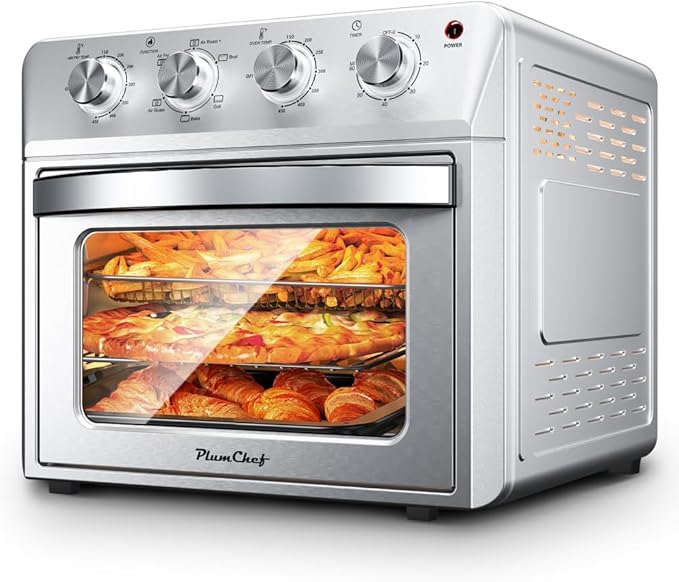 Air Fryer Oven 27.5QT 6-in-1 Countertop Oven Air Fry Bake Broil Toast Warm Dehydrate 4 Knob Control 1600W Family Size Silver