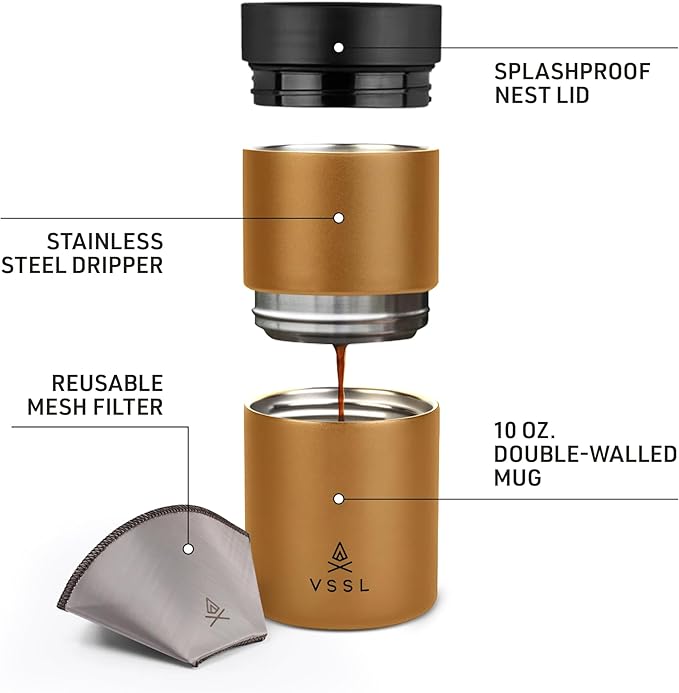 VSSL - Nest Pour Over Coffee Set | Coffee Maker for Camping | All-In-One Travel Pour Over | Transportable Dripper 10oz Stainless Steel Travel Mug | Compact Storage &amp Adventure Ready | Sahara