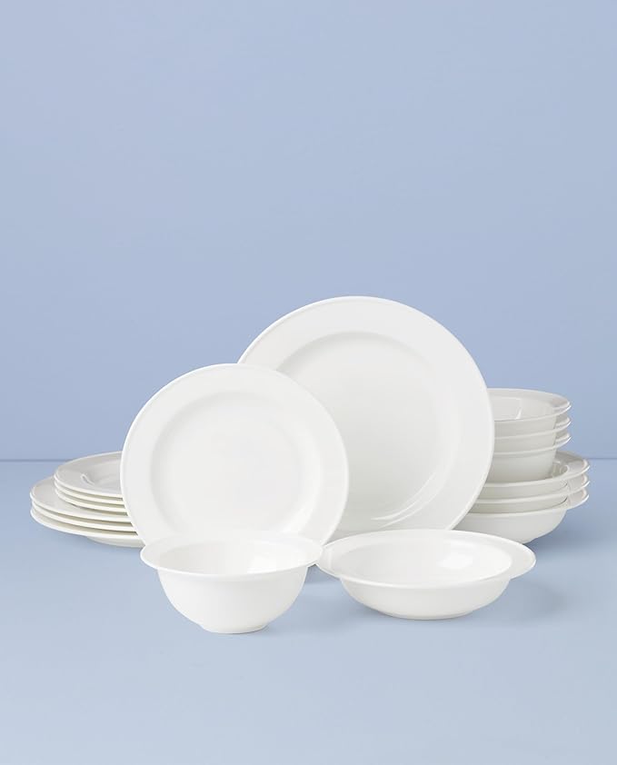 Lenox Dinnerware Sets Studio 1414 Rimmed 16-Piece Dinnerware Set Service For 4 Bone China Material Dishwasher Safe Microwave Safe Plates Bowls Plates And Bowls Dinner Dishes (White 16 Piece)