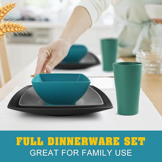 Teivio 48-piece Wheat Straw Square Dinnerware Set for 12 Unbreakable Dinner Plates Salad Plates Snack Bowls Tumblers 13.5 oz Dishwasher Safe Coastal Multicolor