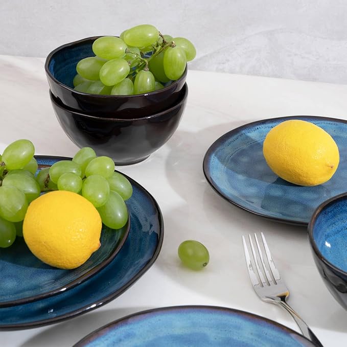Dinnerware Set Blue 12 Pieces Service for 4 Stoneware Plates and Bowls Set Stoneware Set Dishwasher Microwave Safe Dishes set