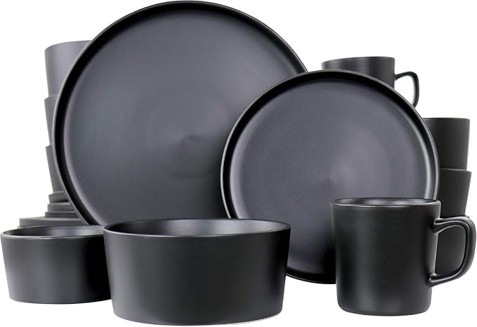 Luxmatte 20-Piece Stoneware Dinnerware Set – Modern Matte Finish Dish Set for 4 Microwave &amp Dishwasher Safe – Includes Dinner Plates Salad Plates Bowls and Mugs in Four Colors (Black)