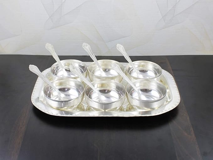 Samyuktha Silver Plated Six Glass/Tray and Six Manchurian Bowl/Spoon-Tray Combo Dinnerware Items Dinnerware Set 300 ML