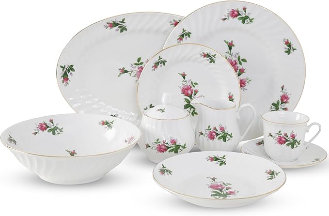 Lynns Paradise 45-Piece Vintage Rose Dinnerware Set 24K Gold Trim | Embossed Swirl Floral Plates &amp Bowls | Apartment Essentials | Home Kitchen Dinner Accessories
