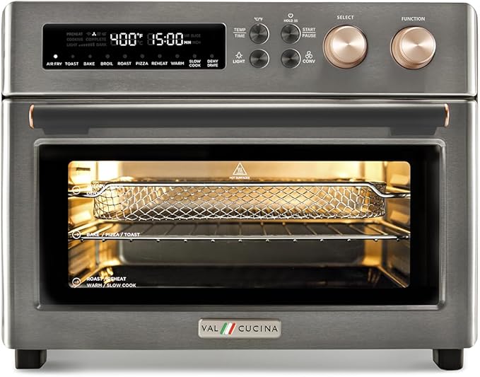 VAL CUCINA Infrared Heating Air Fryer Toaster Oven Extra Large Countertop Convection Oven 10-in-1 Combo 6-Slice Toast Enamel Baking Pan Easy Clean with Recipe Book Black Matte Stainless Steel