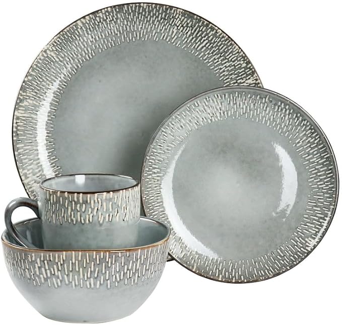16 Piece Reactive Glaze Stoneware Dinnerware Set in Grey – Microwave &amp Dishwasher Safe Plates Bowls &amp Mugs Durable Everyday Dining Set