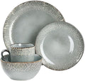 16 Piece Reactive Glaze Stoneware Dinnerware Set in Grey – Microwave &amp Dishwasher Safe Plates Bowls &amp Mugs Durable Everyday Dining Set