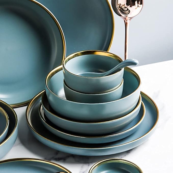 243241PCS Ceramic Dinnerware Set Nordic Dark Green Tableware Creative European Ceramic Tableware with Bowl Plate Service for 6810