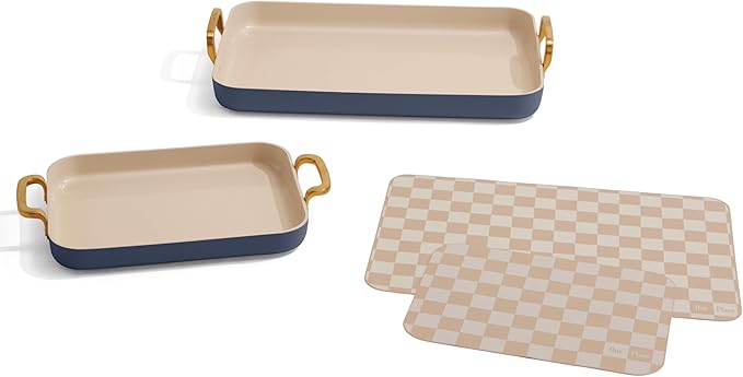 Our Place Essentials 4-Piece Griddle Pan Set | Nonstick Griddle Standard &amp Mini with Reusable Silicone Oven Mats | Thermakind™ PFAS-Free Nonstick Oven Safe Stovetop to Oven Versatility | Blue Sa