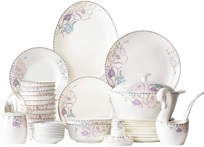 Dinnerware Set Dinner Set Plates and Bowls Set Bowl/Dish/Soup Pot/Spoon|Bone China Dinner SetsPurple Flower Pattern Porcelain Combination Set(