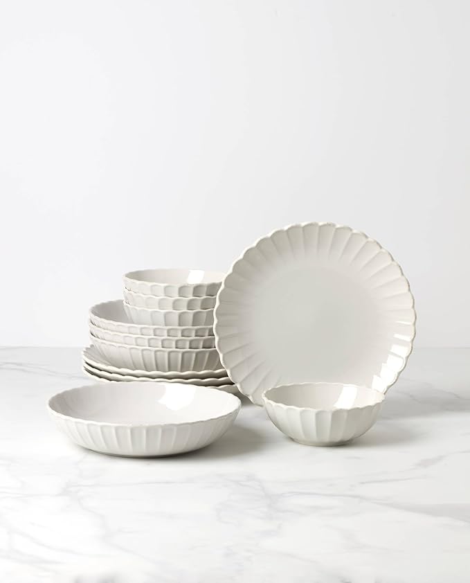 Lenox Dinnerware Set French Perle Scallop White 12-Piece Set Service For 4 Stoneware Dishwasher Safe Microwave Safe Plates and Bowls sets Dish Set Plate Set Home And Kitchen (White 12 Piece)