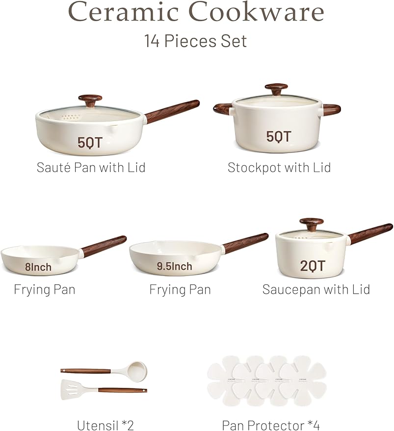CAROTE Ceramic Cookware Sets Pots and Pans Set Non stick Non Toxic Healthy Induction Cookware 14 Pcs Nonstick Kitchen Pots and Pans Set PFAS PTFE Free Dishwasher Safe