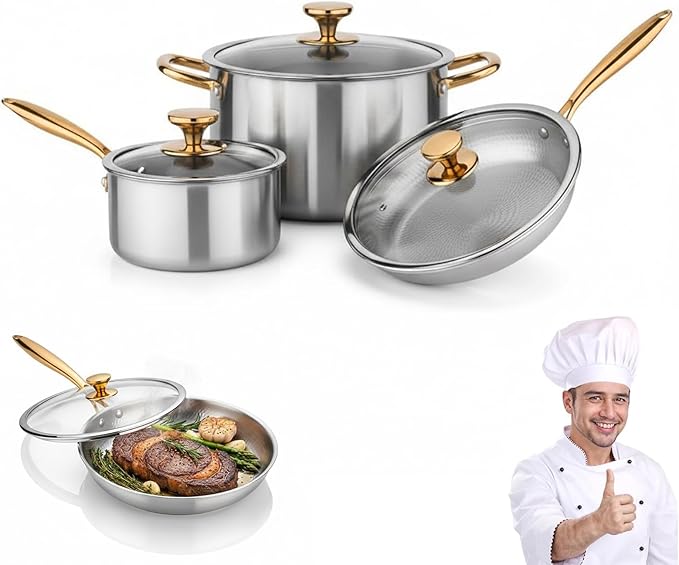 100% Pure Titanium Pan Pro Cookware Set 18cm Milk Pan + 24cm Stock Pot + 28cm Hammered Fry Pans Induction &amp Gas Compatible Easy Clean Oven &amp Dishwasher Safe (7.08+9.44+9.44in)