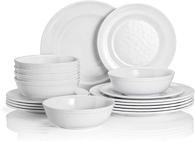 TP 18-Piece Dinnerware Set Melamine Dishes Set with Bowls and Plates Service for 6 Non-breakable Lightweight Dining Tableware White