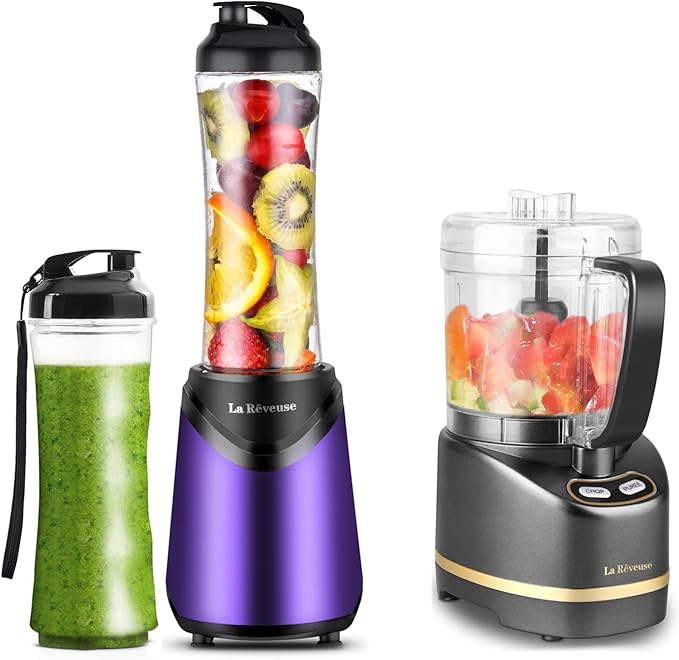 La Reveuse 300W Personal Size Blender (Purple) + La Reveuse 2-Cup Mini Food Chopper (Metallic Grey)