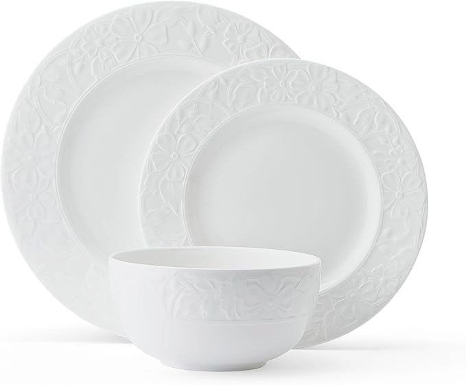 Mikasa Claire Floral Bone China Lightweight Chip Resistant 12 Piece Dinnerware Set Service for 4 White