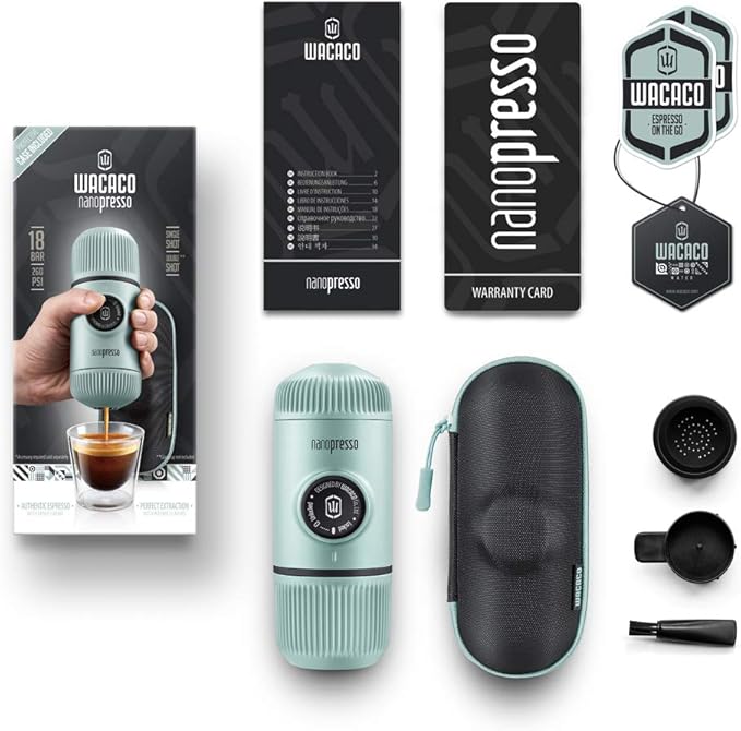WACACO Nanopresso Portable Espresso Maker Bundled with Protective Case Upgrade Version of Minipresso Mini Travel Coffee Machine Perfect for Camping Travel and Office (New Elements Arctic Blue)