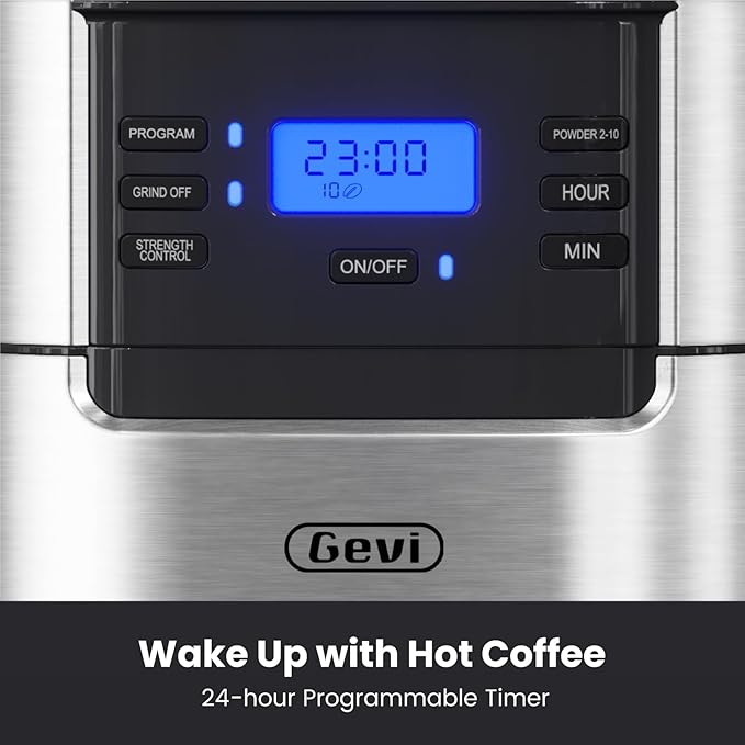 Gevi 10-Cup Drip Coffee Maker with Built-in Grinder Programmable Brew Coffee Machine with Timer Reusable Filter 1.5L Water Tank Coffee Pot Warming Plate Burr Grinder Combo
