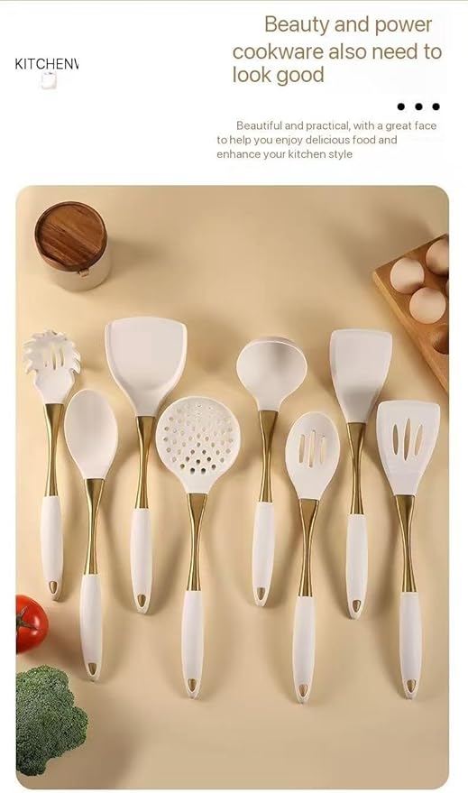 8-Piece White Kitchen Utensil Set with Gold Handles Stainless Steel Cooking Tools Includes Spatulas Ladle Spoons for Nonstick Cookware (silvery and Grey)