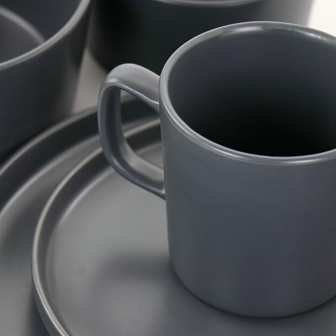Luxmatte 20-Piece Stoneware Dinnerware Set – Modern Matte Finish Dish Set for 4 Microwave &amp Dishwasher Safe – Includes Dinner Plates Salad Plates Bowls and Mugs in Four Colors (Dark Grey)