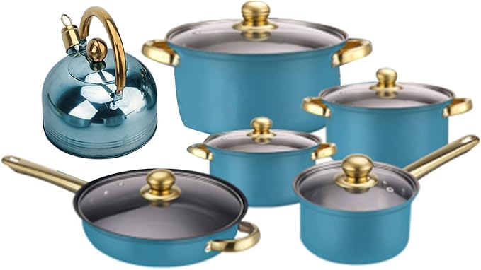 Frying Pan Stainless Steel Cookware Set Pots and Pans Set Kitchen Cooking Set with Stockpots Saucepan Saute Pan Frying Pan 3L Tea Kettle Gold Handles Glass Lids (Blue)