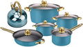 Frying Pan Stainless Steel Cookware Set Pots and Pans Set Kitchen Cooking Set with Stockpots Saucepan Saute Pan Frying Pan 3L Tea Kettle Gold Handles Glass Lids (Blue)